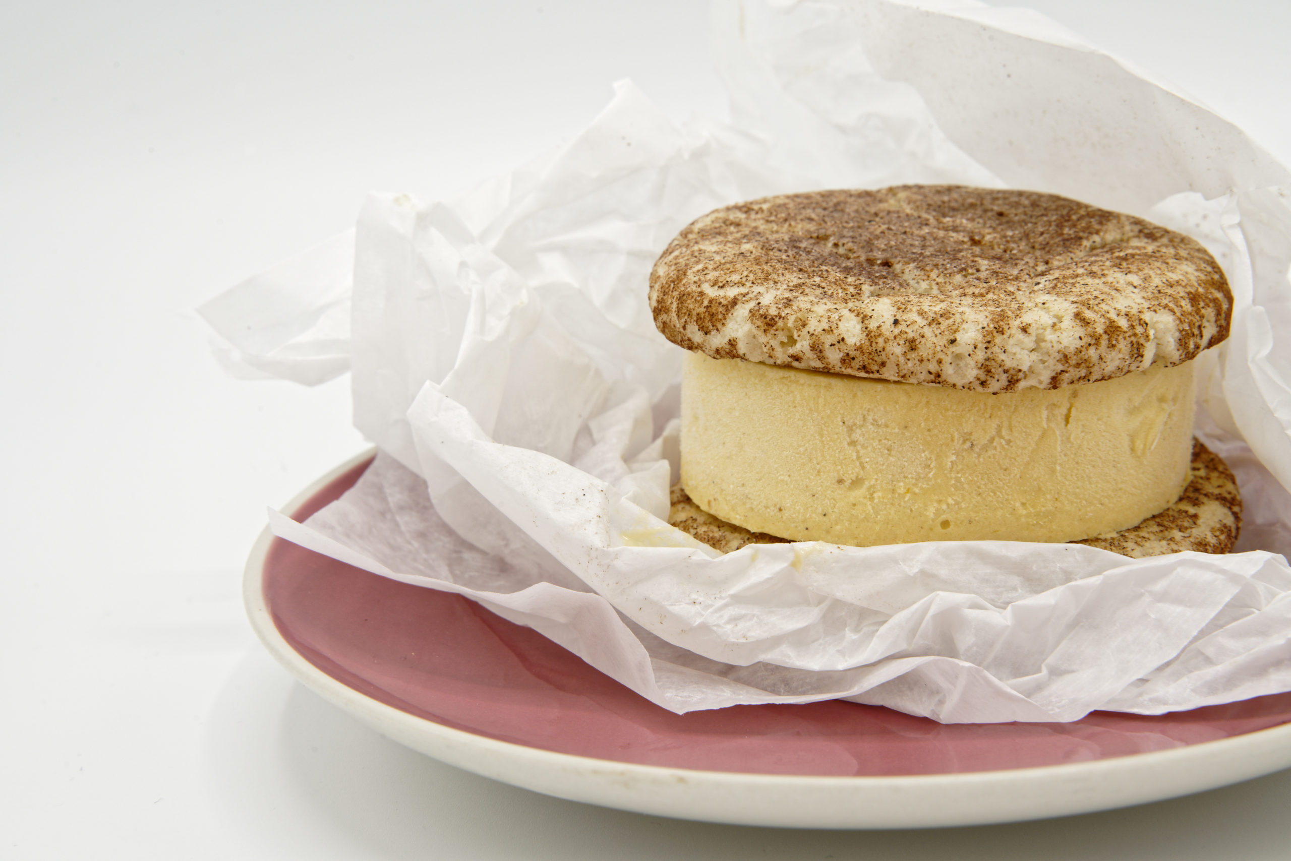 Ice cream sandwich with pumpkin spice ice cream and snickerdoodle cookies
